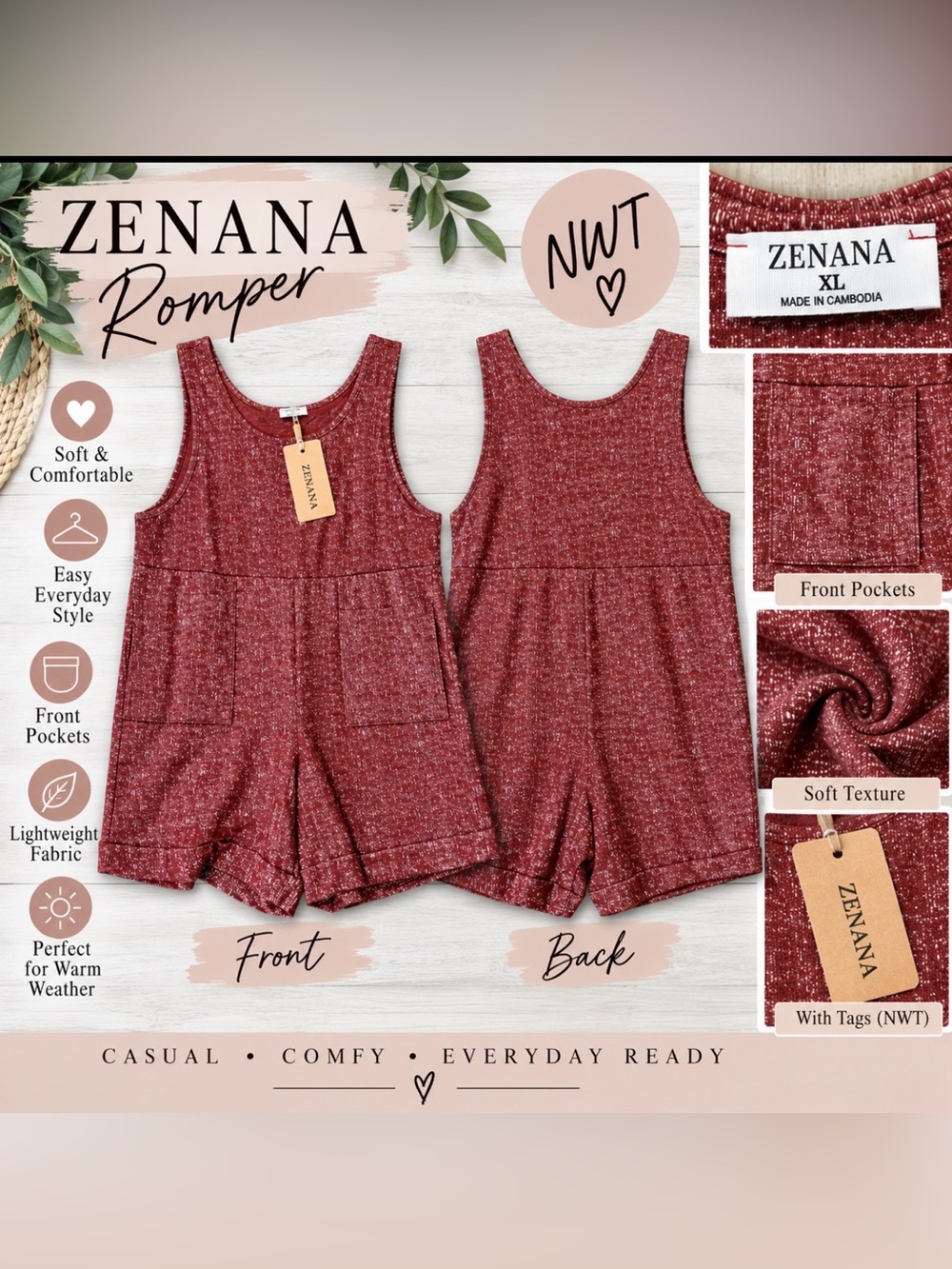 Zenana Burgundy Mineral Wash Romper XL NWT